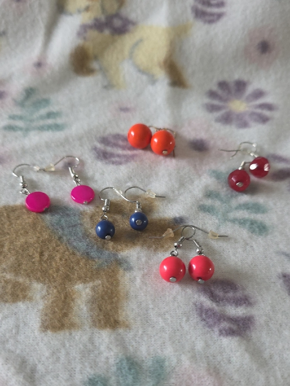 Kids Colorful Bead Drop Earrings - Pink, Blue, Red, Orange- 5 Pair